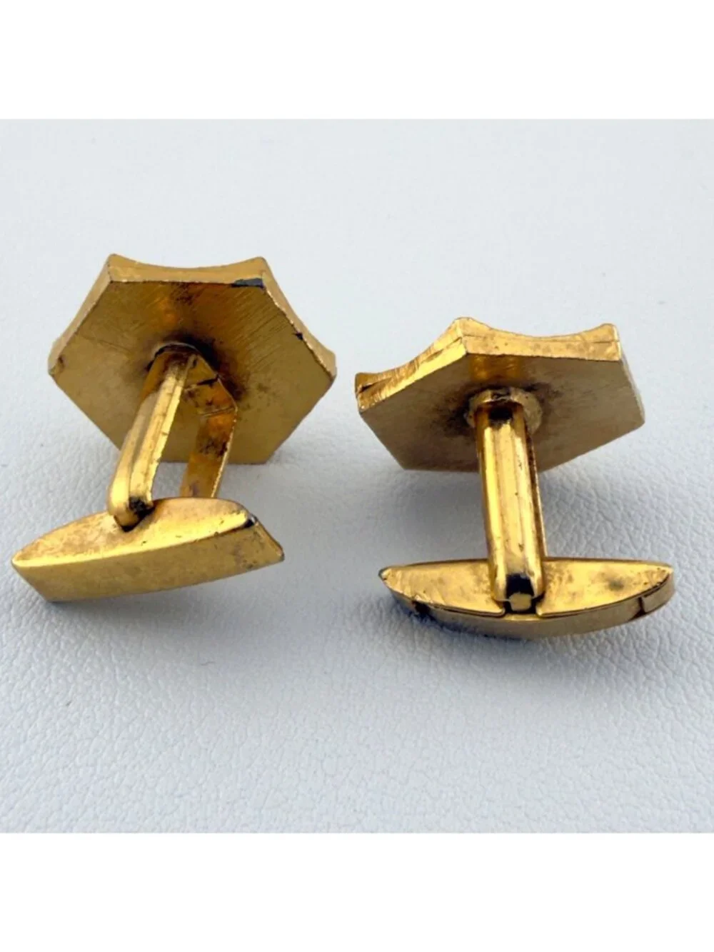 Vintage Gold Tone Hexagon Cufflinks Purple Rhinestone Mid Century